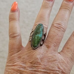 Green blue turquoise sterling silver oval ring
